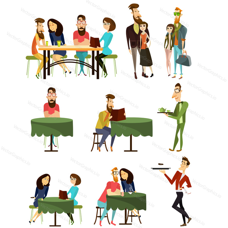 Vector set of cafe visitors cartoon characters isolated on white background. People sitting at tables, talking to each other, reading menu, drinking tea or coffee, flat style design elements, icons.