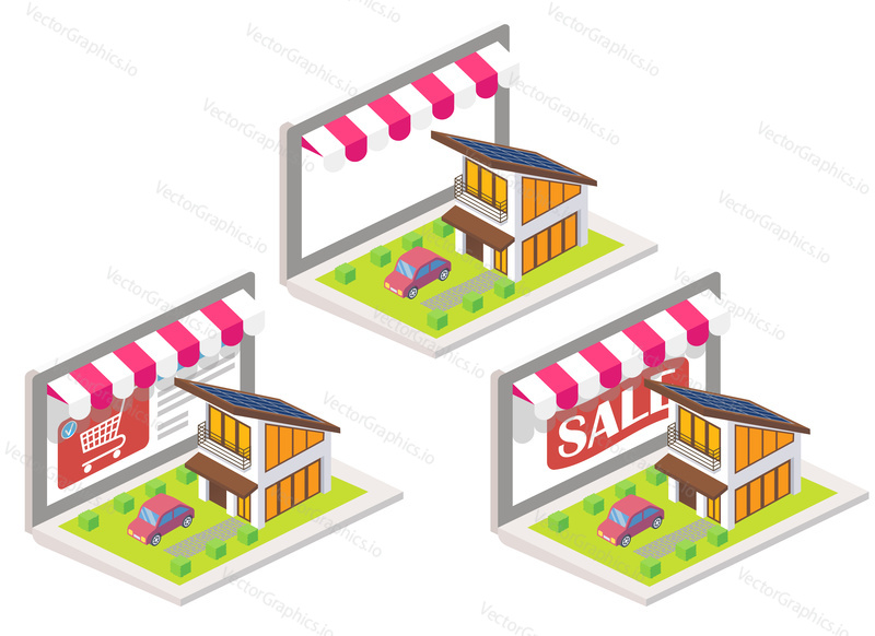 House online 3d isometric vector illustration. Online shopping, e-commerce concept design elements isolated on white background.
