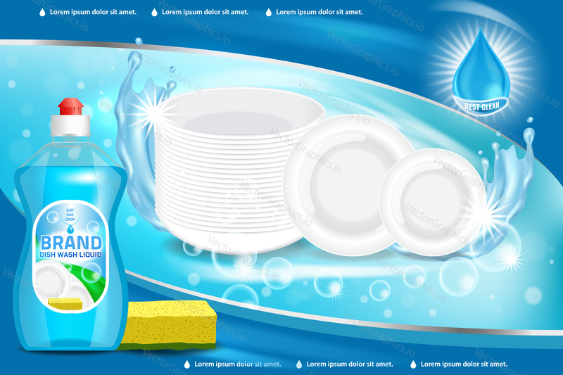 Vector 3d illustration of blue color dishwashing liquid product advertisement. Plastic bottle label design. Washing-up liquid or dishwashing soap brand advertising poster.