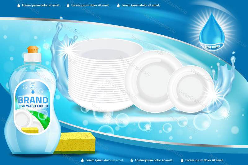 Vector 3d illustration of dishwashing liquid product. Plastic bottle label design. Washing-up liquid or dishwashing soap brand advertising poster.