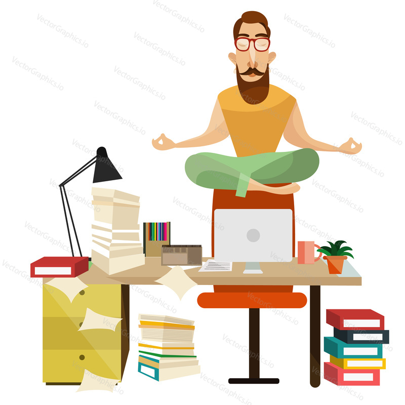 Vector illustration of office worker male sitting on chair back in lotus position and relaxing. Office meditation concept design element.