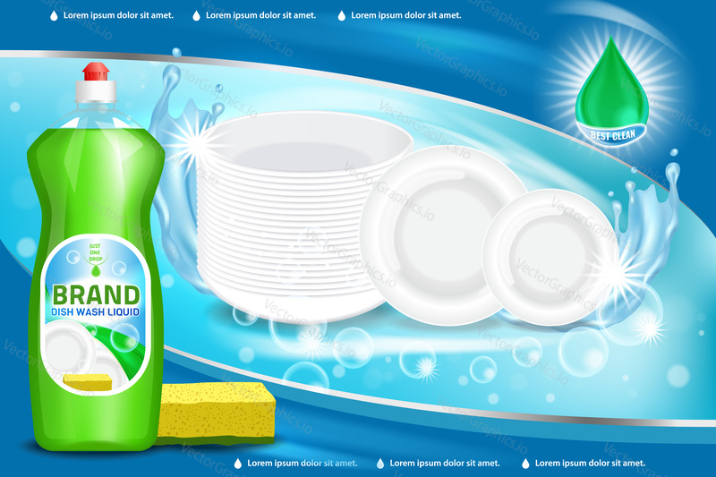 Vector 3d illustration of green color dishwashing liquid product advertisement. Plastic bottle label design. Washing-up liquid or dishwashing soap brand advertising poster.