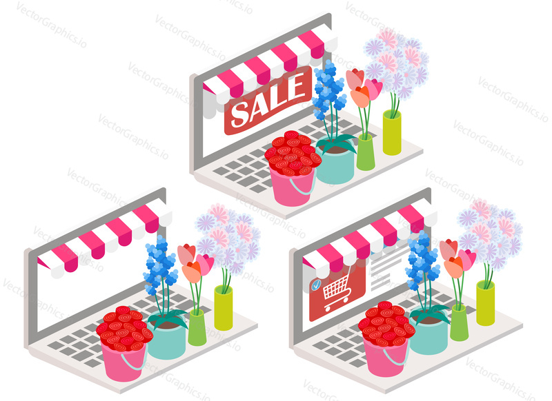 Flowers online vector illustration. 3d isometric flowers on laptop keyboard. Online shopping, e-commerce concept design elements isolated on white background.