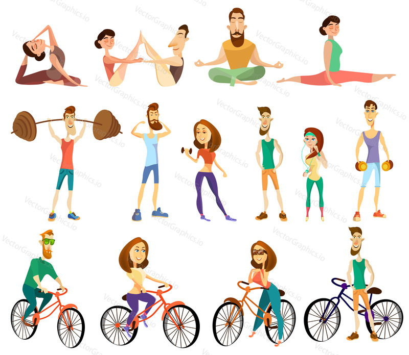 Vector set of fitness characters icons. People practicing yoga, exercising with dumbbells, barbell and riding bicycles. Flat style design elements isolated on white background.