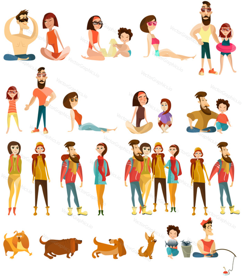 Vector set of tourist people cartoon characters isolated on white background. Families with pets, loving couples, friends going hiking, camping, sunbathing, fishing, flat style design elements, icons.