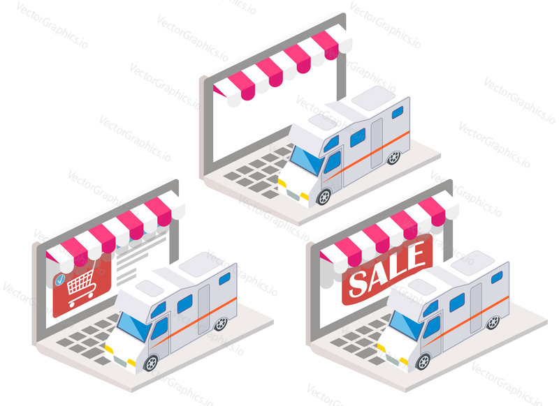 Trailer online vector illustration. Isometric 3 d camper car or motor home for sale or rental on laptop keyboard. Online shopping, e-commerce concept design elements isolated on white background.