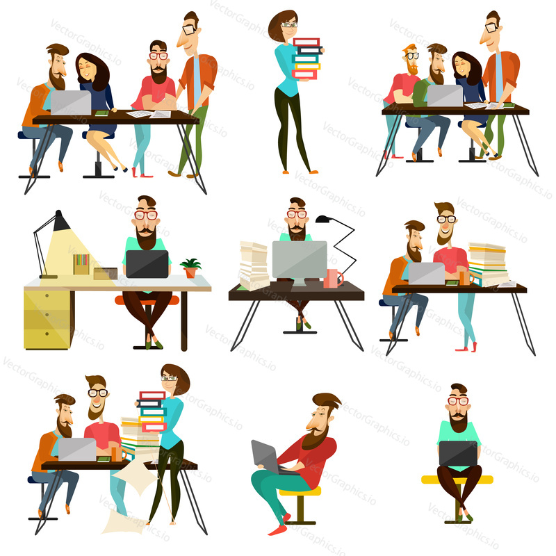 Vector set of office team characters icons. People using laptops and working with documents. Flat style design elements isolated on white background.