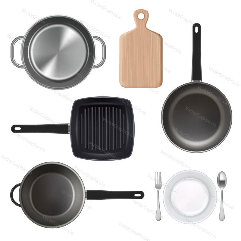 Векторная иллюстрация кухонной утвари с видом сверху. Реалистичная сковорода для приготовления пищи, сковородка, разделочная доска, тарелка с вилкой и ложкой иконки, изолированные на белом фоне.