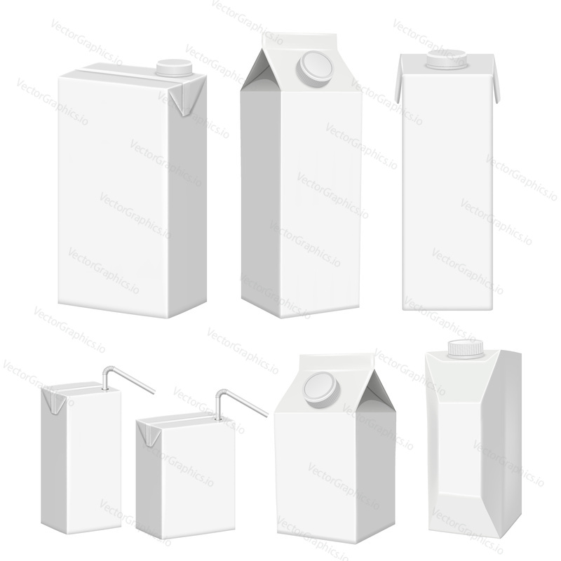 Vector set of juice cartons. White blank juice paper package realistic templates, mockups isolated on white background.
