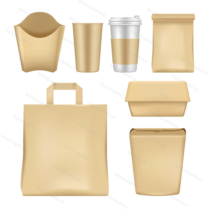 Vector fast food package set. Realistic empty takeaway food packaging templates isolated on white background.