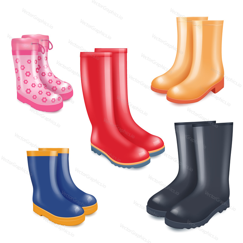 Colored rubber boots vector icon set. Rain boots realistic illustration isolated on white background.