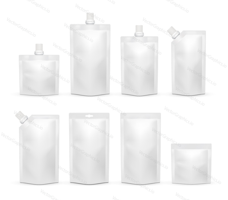 Vector white blank doypack template set. Doy-pack plastic bag or foodstuff packaging realistic mockups isolated on white background.