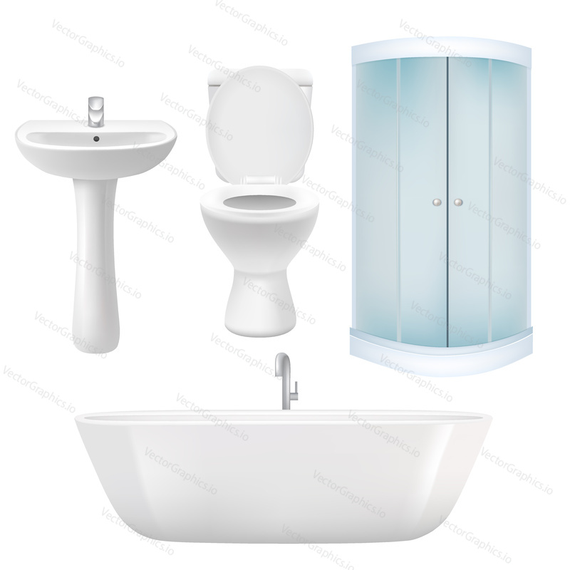 Vector bathroom icon set. Realistic illustration of bathtub, corner shower cabin, washbasin, toilet.