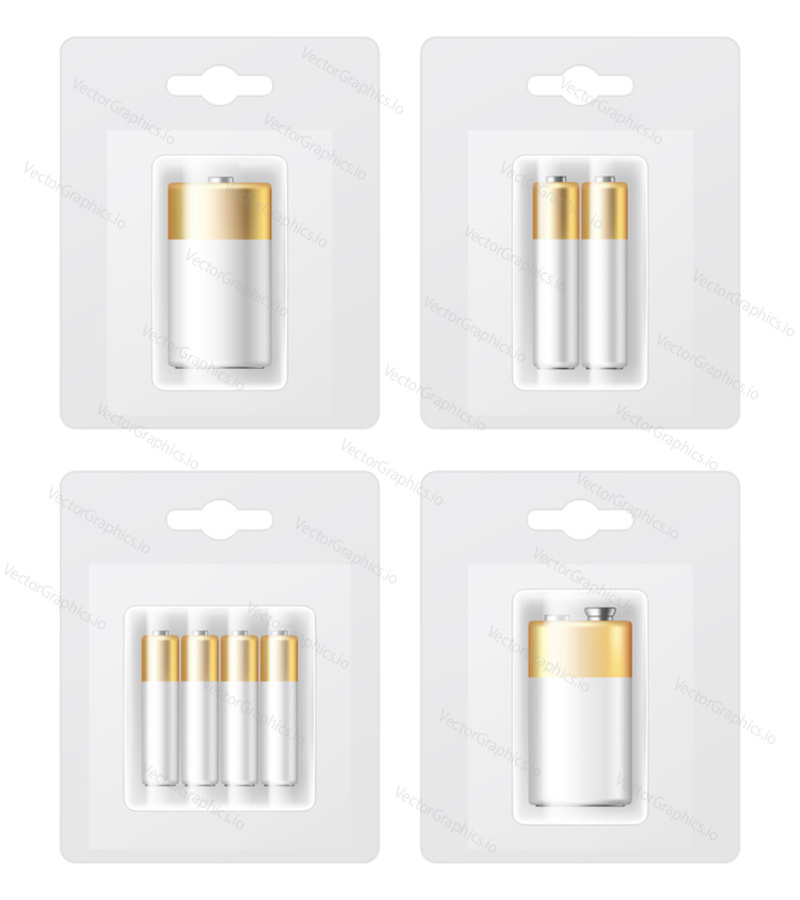 Battery blister pack mock-up set. Vector realistic battery types and sizes in blister pack.