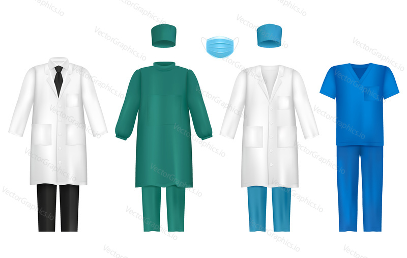 Vector set of medical uniforms for all healthcare professionals. Doctors gown or lab coat, nursing uniform, medical scrub and hat, surgical mask isolated on white background.