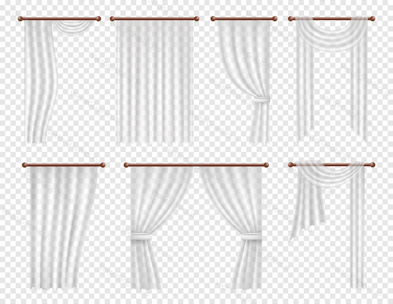 Vector white window curtains and drapes set. Realistic illustration on transparent background.
