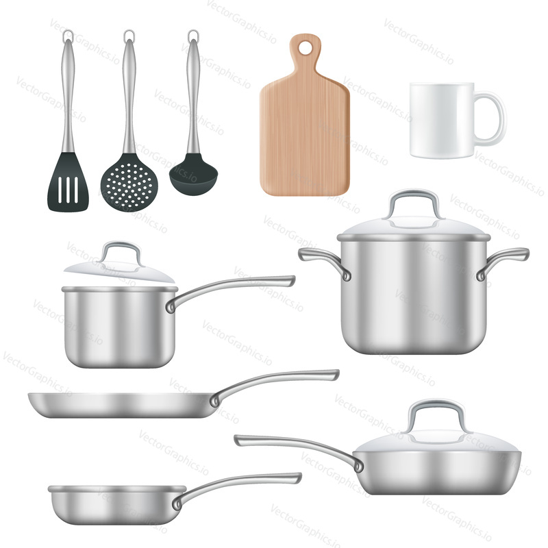 Vector set of kitchen utensils. Cooking pan, frying pan, cutting board, etc realistic 3d illustration isolated on white background.