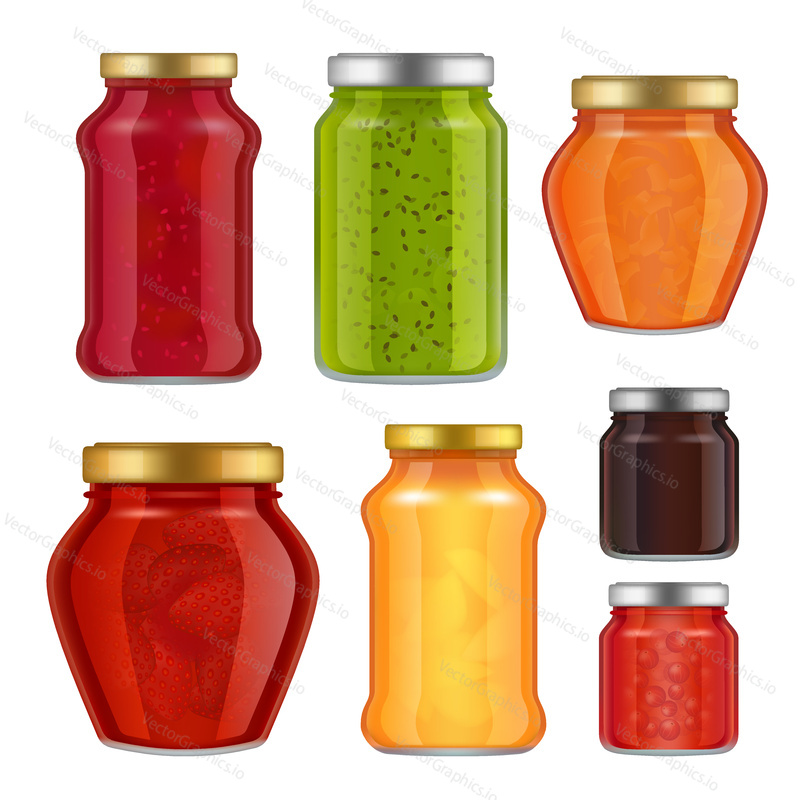 Vector fruit jam jar icon set. Delicious strawberry, peach, raspberry preserves, etc. Jam jar packaging collection. Glass jars with metal caps templates.
