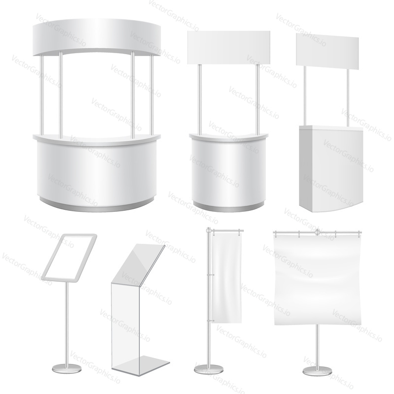 Vector blank white promotion counter and display stand, flag banner mockup set.