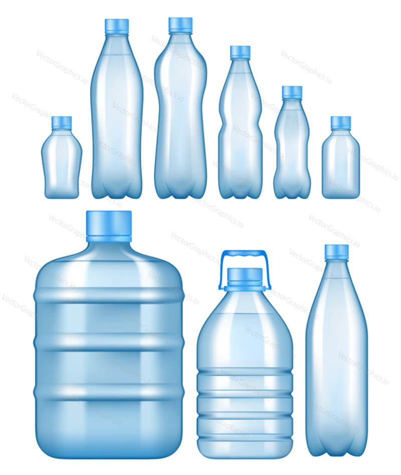 Vector realistic plastic water bottles set. Water packaging template collection.
