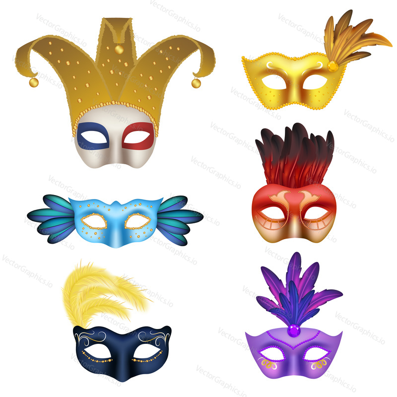 Vector realistic carnival mask icon set. Handmade masquerade masks for costume party 3d realistic illustration.