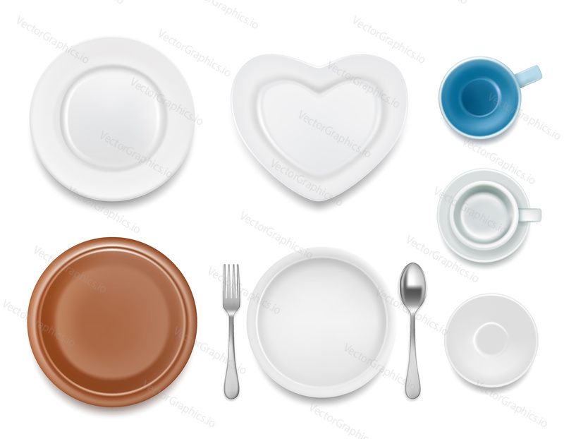 Векторная иллюстрация кухонной посуды с видом сверху. Реалистичный набор тарелок, тарелка с вилкой и ложкой, блюдце с чашкой.