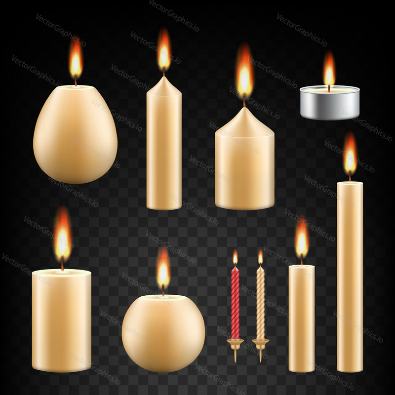 Vector set of burning candles. Realistic 3d candle icon set on transparent background.