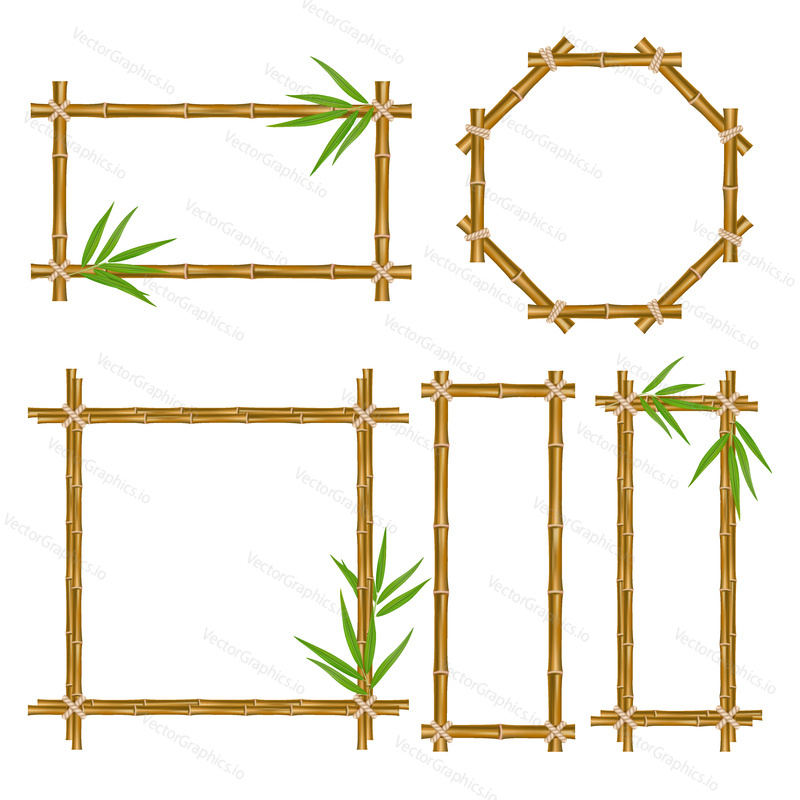 Vector bamboo frame set. Wooden frame made of bamboo sticks and bamboo leaves tied up with rope. Bamboo home decoration.