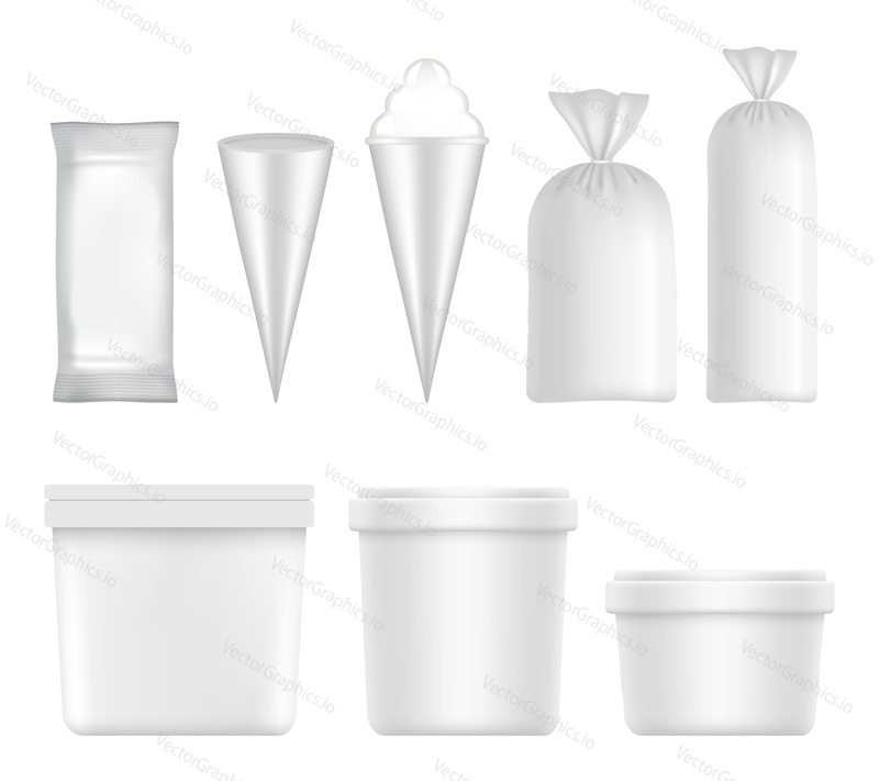 Vector white blank ice cream packaging and container set. Plastic pack templates isolated on white background.