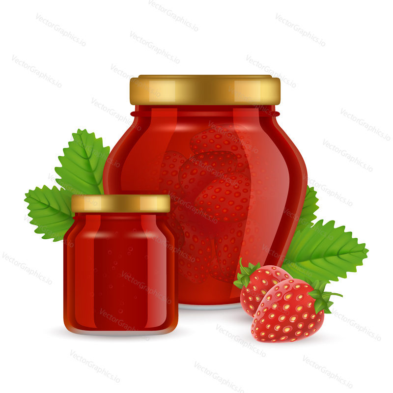Vector illustration of glass jar with strawberry jam. Realistic delicious homemade strawberry jam, fruit preserves.