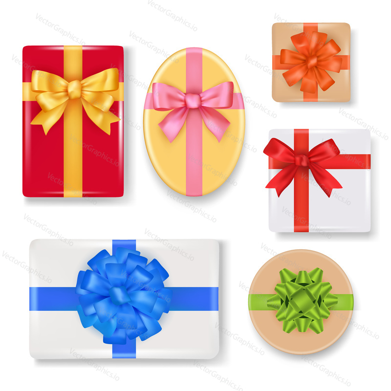 Vector gift box set. Top view realistic illustration isolated on white background.