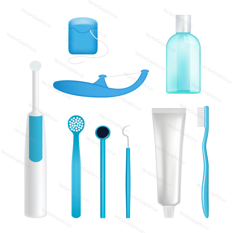 Vector dental cleaning tools set. Toothpaste, toothbrush, mouthwash, dental floss, scraper and toothpick. Oral care products, teeth cleaning kit realistic illustration.