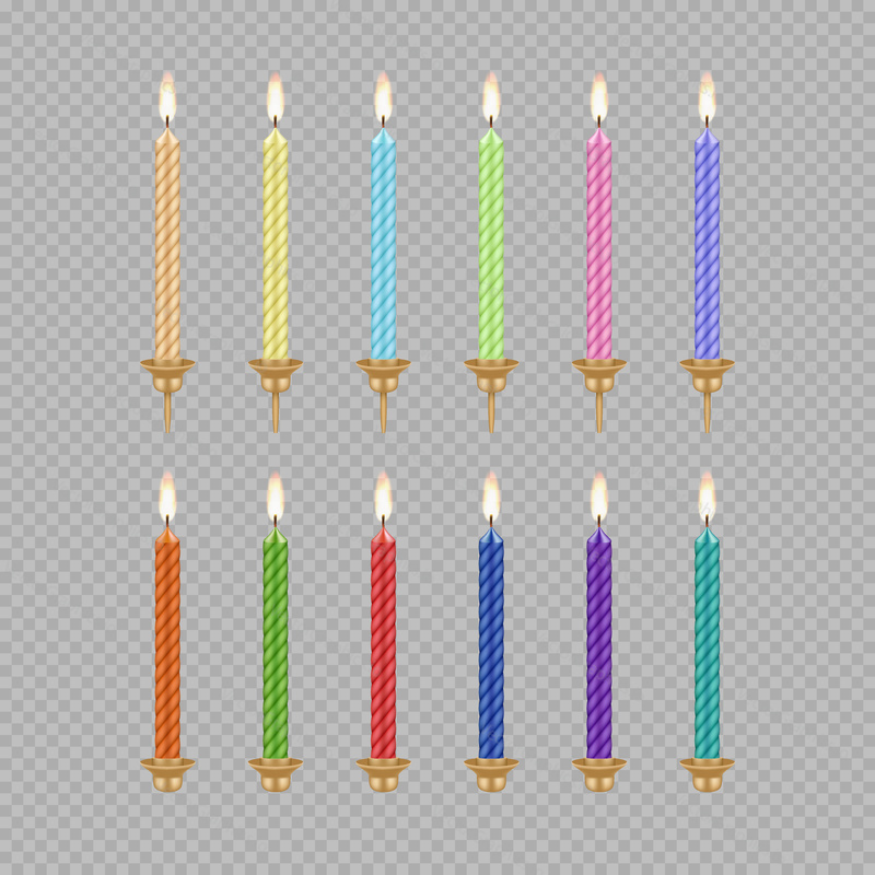 Vector set of birthday cake candle icons. Burning candles realistic 3d illustration.
