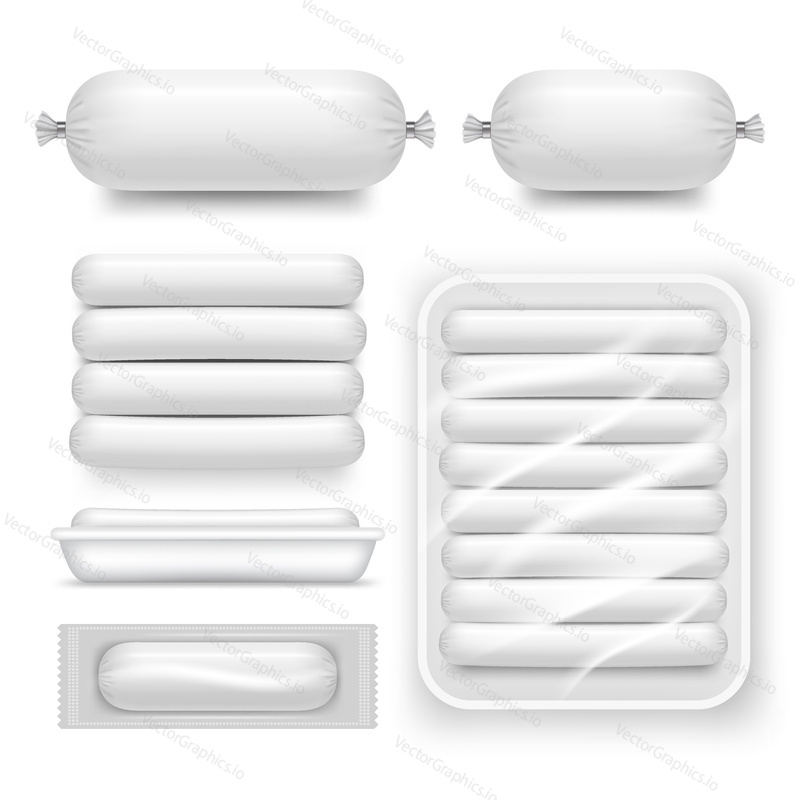 Vector blank white sausage pack set. Realistic template, mockup of sausage sales plastic packaging.