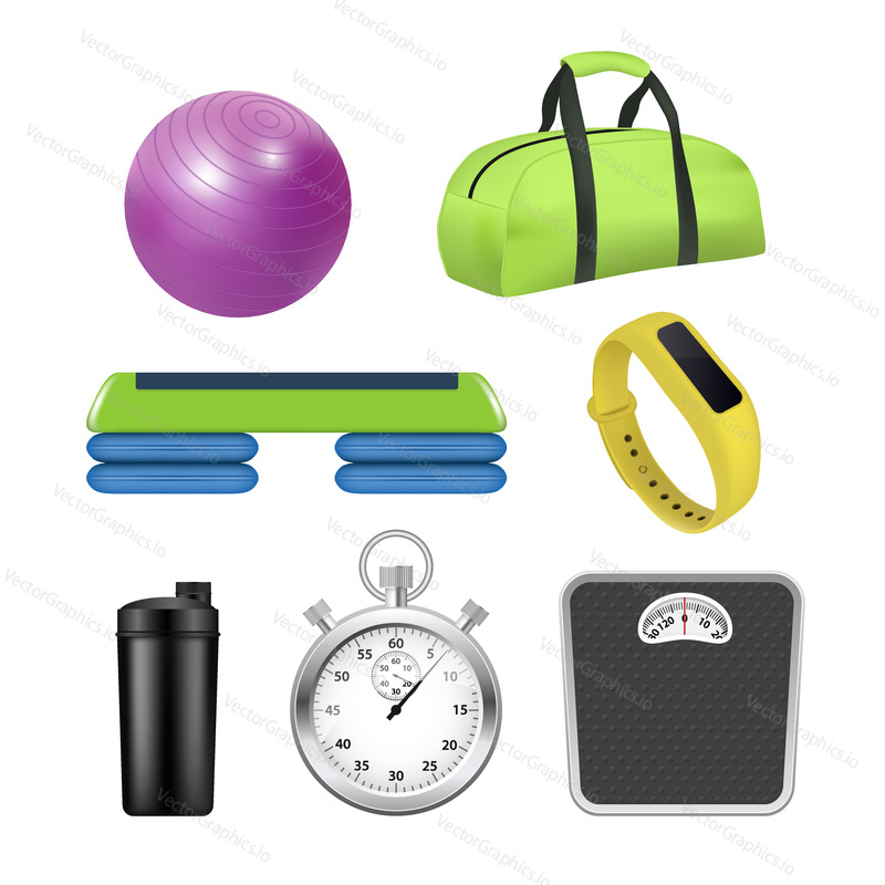Vector fitness icon set. Realistic 3d illustration isolated on white background.