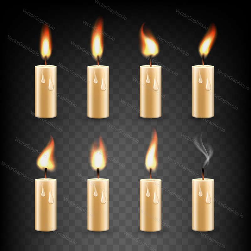 Vector set of realistic candles with fire animation on transparent background.
