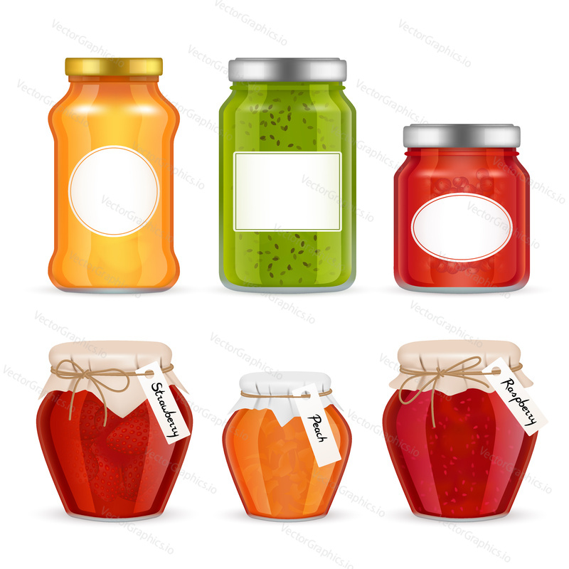 Vector fruit jam jar icon set. Delicious strawberry, peach, raspberry preserves, etc. Realistic jam jars decoration design. Glass jar with metal cap and kraft paper wrapped lid, twine collection.
