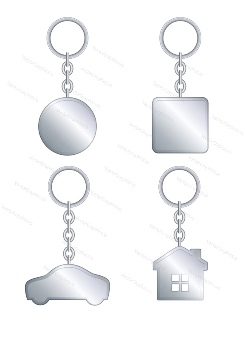 Vector metal keychain realistic template set. Keychain with key ring isolated on white background.