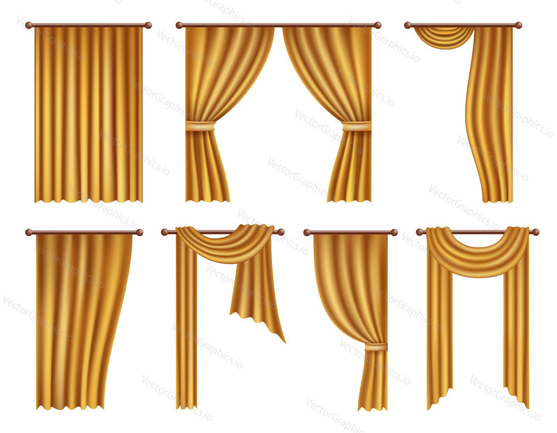 Vector golden window curtains and drapes set. Realistic illustration isolated on white background.