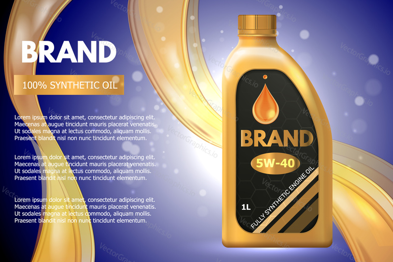 Motor oil product container ad. Vector 3d illustration. Car engine oil bottle template design.