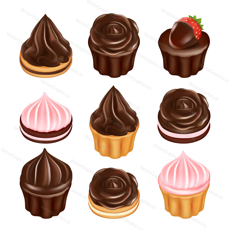 Chocolate muffin vector icon set. Realistic chocolate cupcakes, pastry with whipped cream isolated on white background.