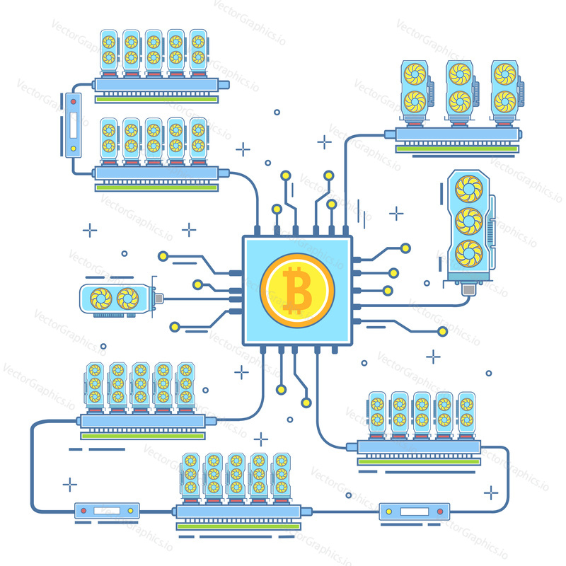 Bitcoin farm concept vector illustration. Digital currency or cryptocurrency mining farm. Bitcoin and blockchain technology flat style thin line icon.