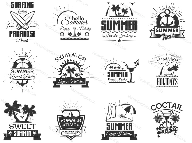 Vector set of summer season labels in vintage style. Design elements, icons, logo, emblems and badges isolated on white background. Summer camp, beach holidays, tropical sea vacations. - stock vector