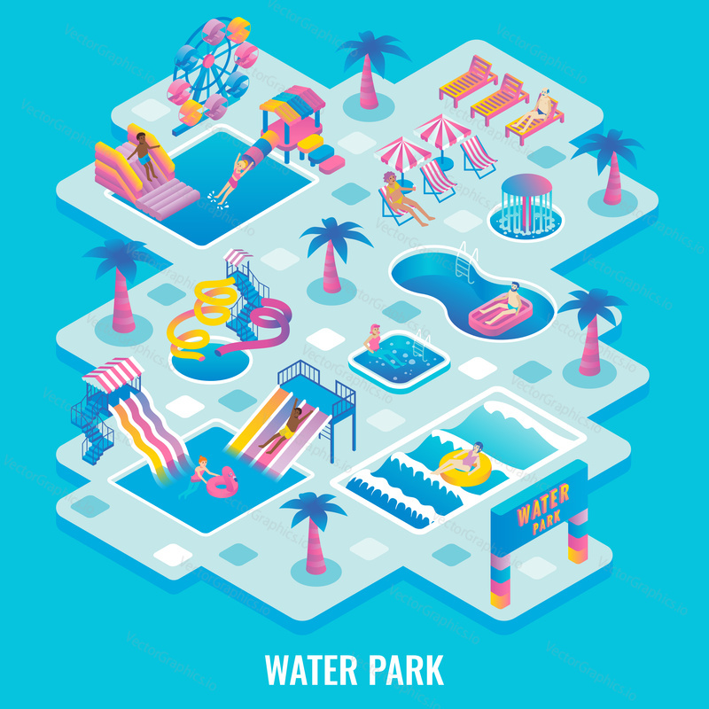 Vector flat isometric illustration of water park with different types of slides, swimming pools, ferris wheel, whirlpool bath, fountains, relaxation and children areas. Aqua park attractions concept.