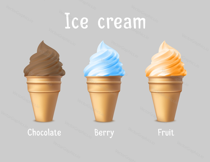 Ice Cream products ad. Vector 3d illustration. Ice cream cones template design. Brand advertisement poster layout.