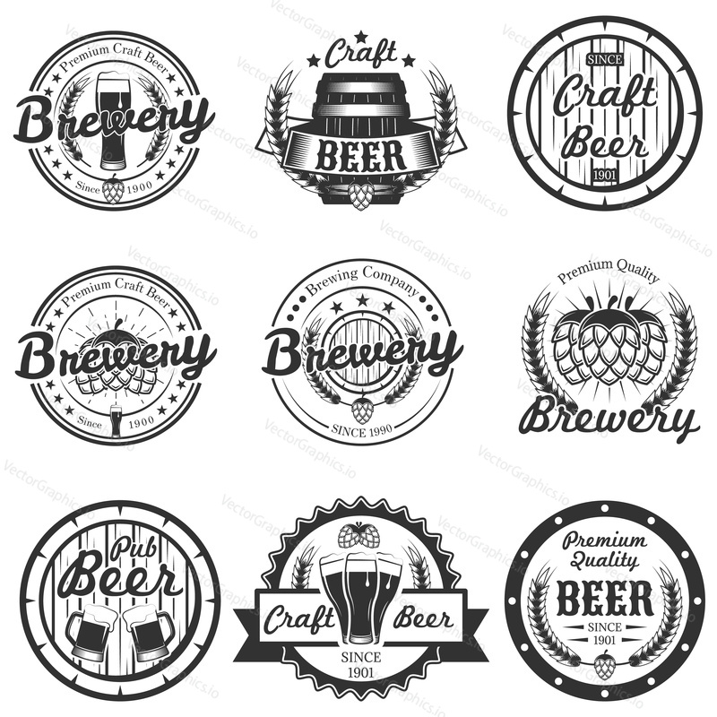 Vector set of vintage craft beer, brewery logos, emblems, badges, labels isolated on white background. Typography design for brewing company advertising.