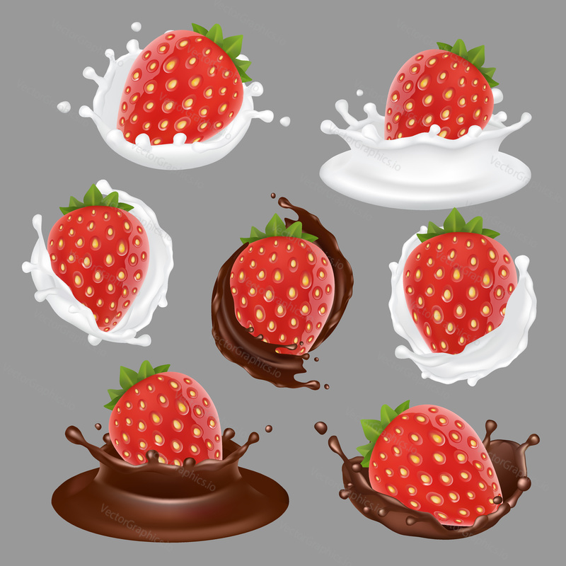Vector realistic strawberry with chocolate, whipped cream and yogurt icon set. Sweet fruit and milk dessert brand advertising templates.