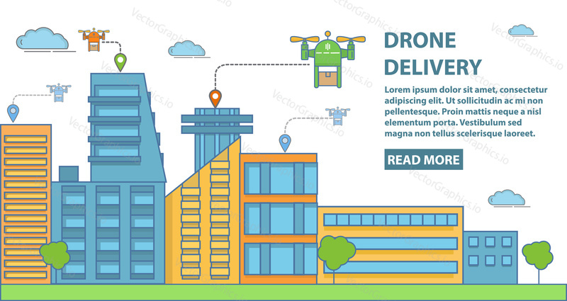 Drone delivery concept vector horizontal banner. Quadcopters delivering parcels to customers. Modern flat style design element for drone delivery business advertising.