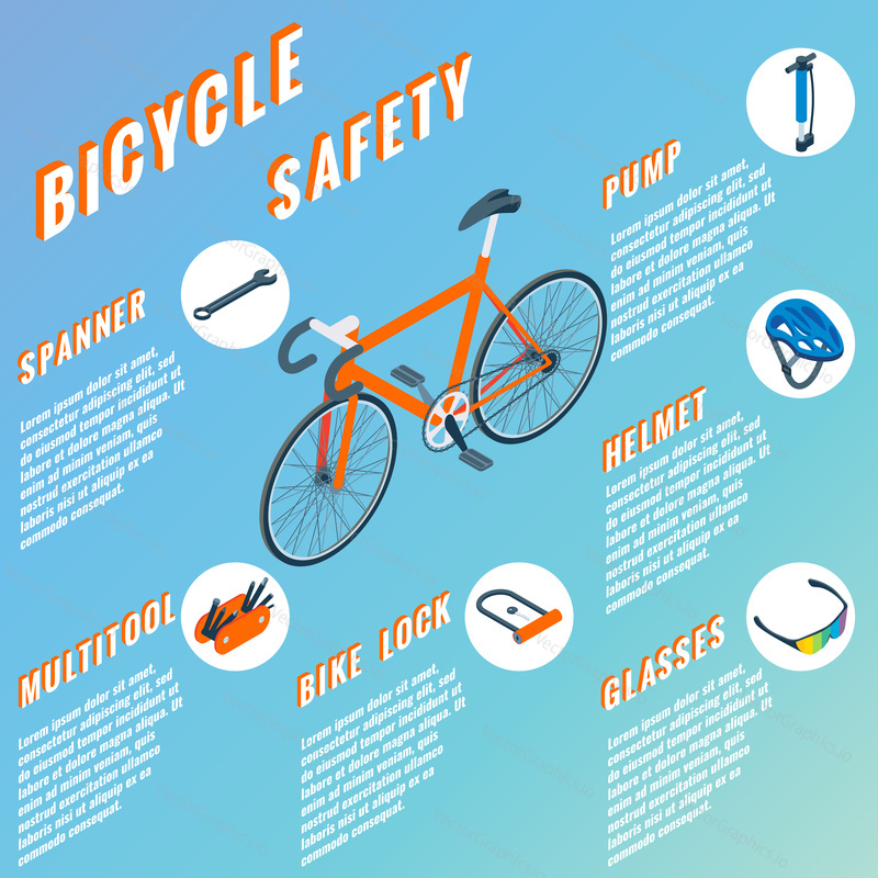 Bicycle Safety concept infographic. Vector set of bicycle parts isolated isometric icons. Bicycle objects and design elements. Bike repair gears.