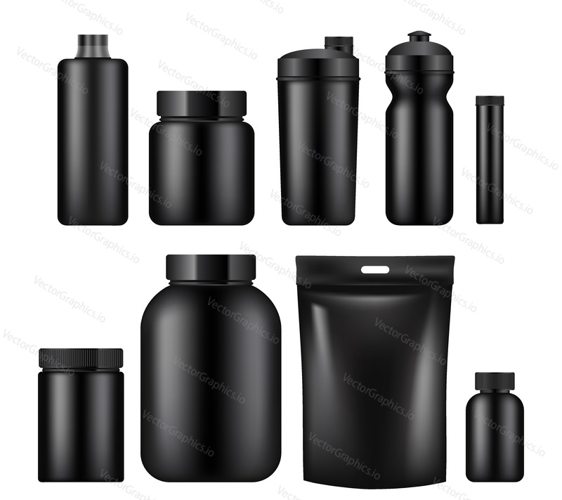 Векторный набор шаблонов контейнеров для спортивного питания, изолированных на белом фоне. Реалистичные черные пластиковые банки, упаковки из фольги и бутылки для напитков.